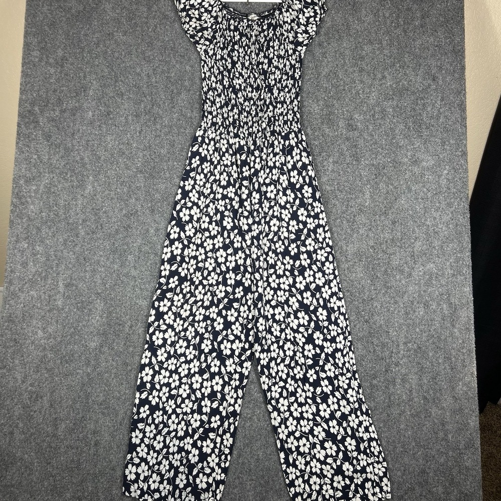 Kindred Floral‎ Jumpsuit Smocked Wide Leg Navy White Boho Cottagecore